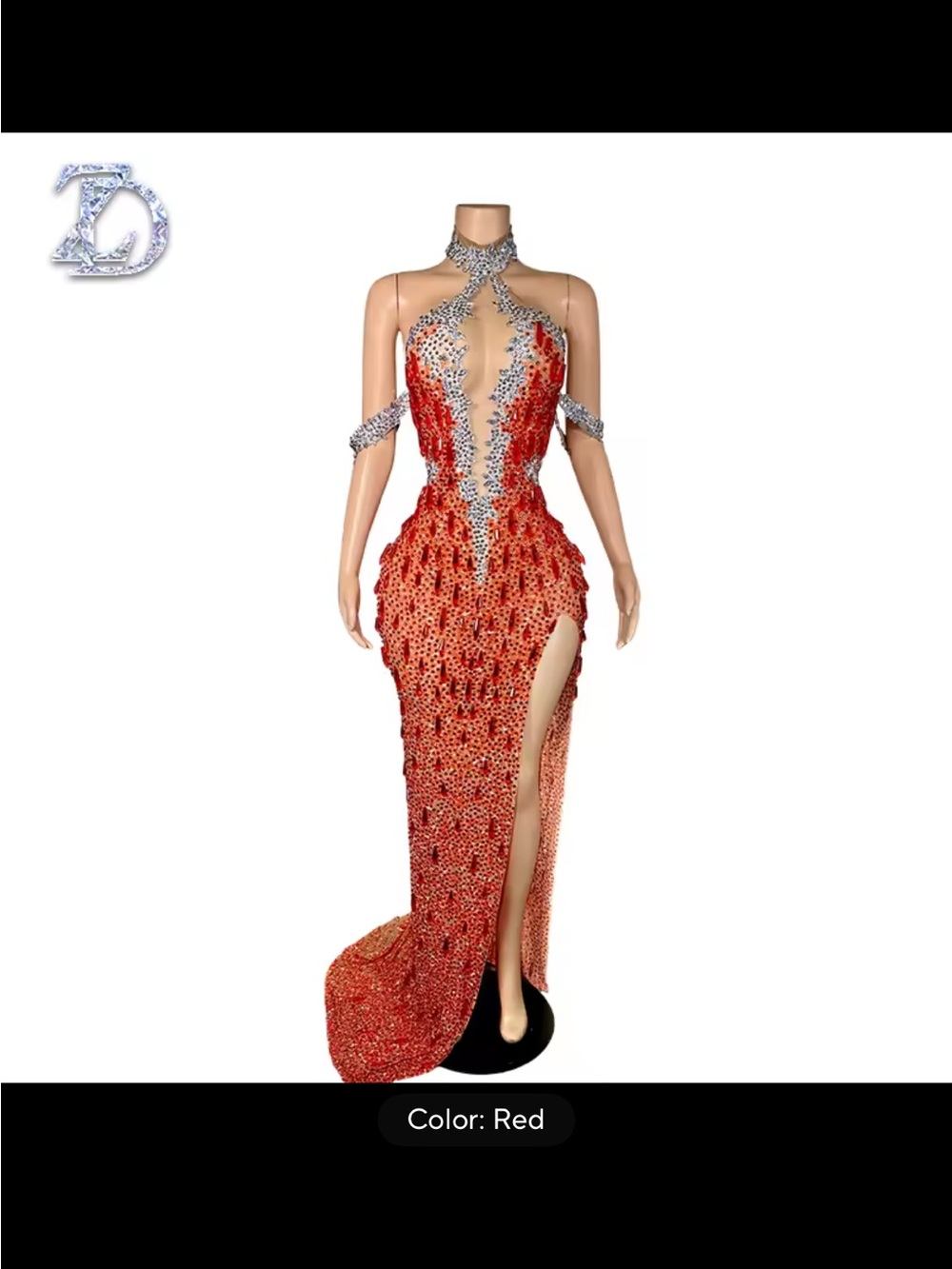 Red Crystal Halter Gown with High Slit